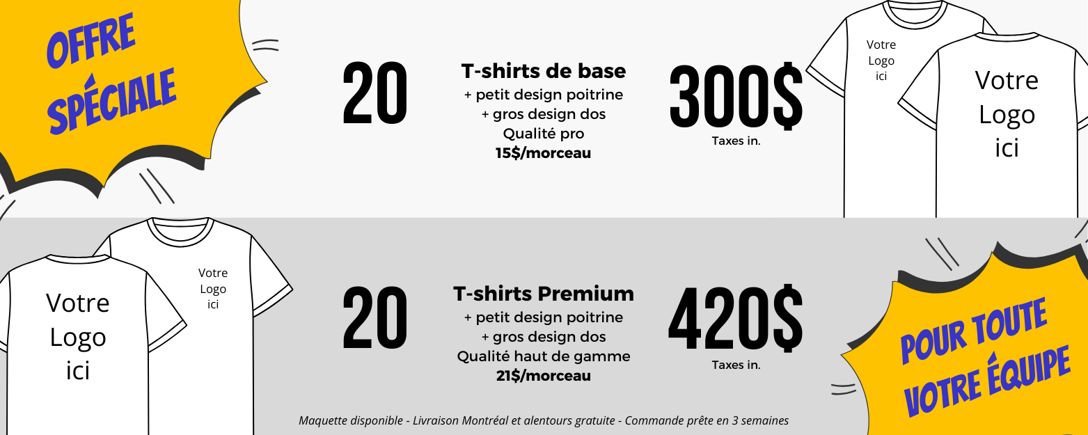 Annonce d'une offre spéciale sur les t-shirts. Cliquez pour voir les produits.